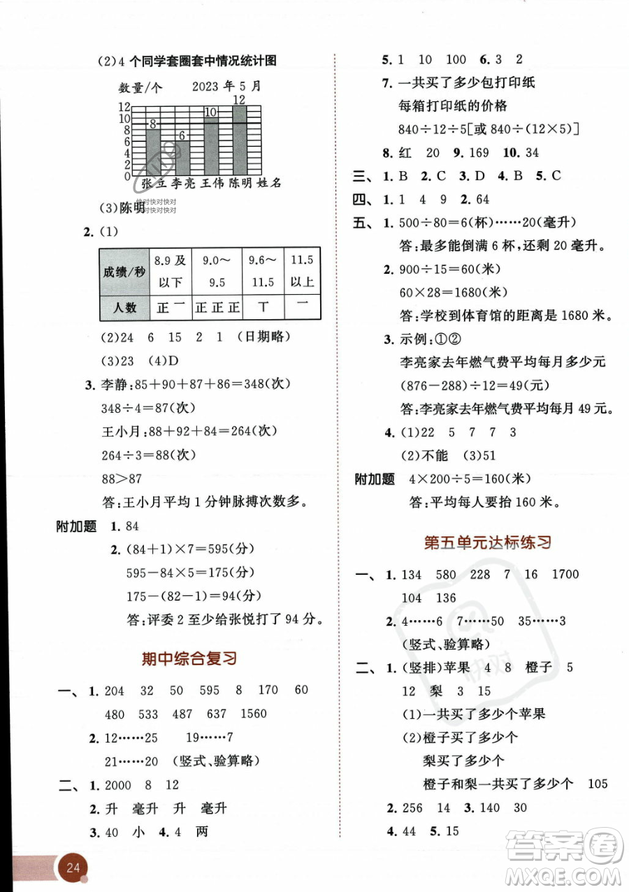 教育科學出版社2023年秋季53天天練四年級上冊數學蘇教版答案