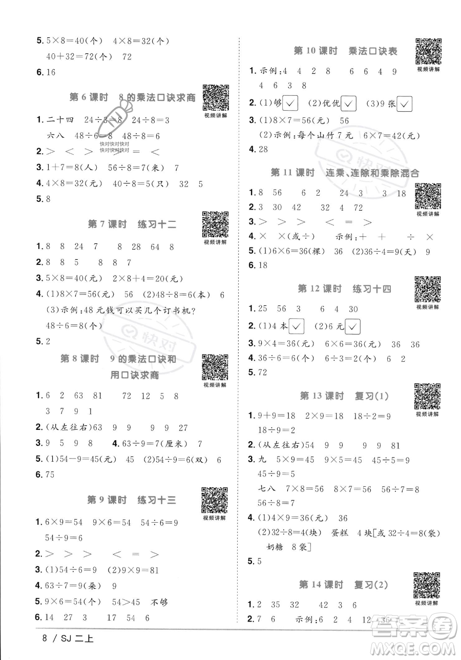 江西教育出版社2023年秋季陽(yáng)光同學(xué)課時(shí)優(yōu)化作業(yè)二年級(jí)上冊(cè)數(shù)學(xué)蘇教版答案