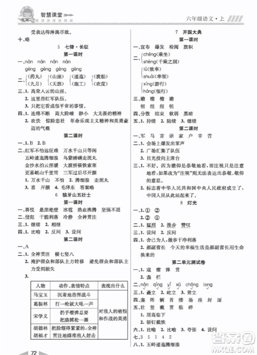 云南科技出版社2023秋智慧課堂同步講練測六年級語文上冊人教版參考答案