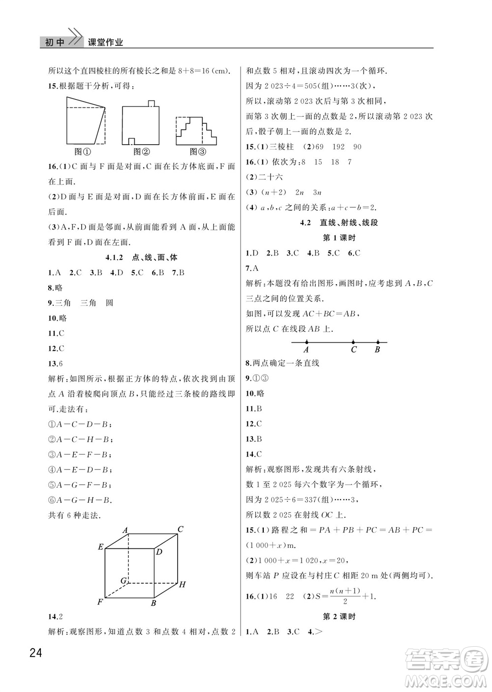 武漢出版社2023年秋智慧學習天天向上課堂作業(yè)七年級數學上冊人教版參考答案