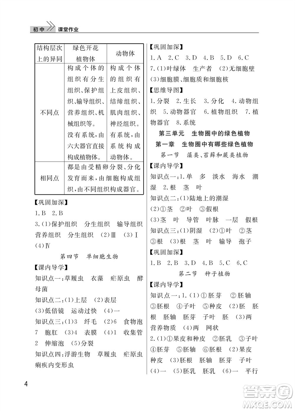 武漢出版社2023年秋智慧學(xué)習(xí)天天向上課堂作業(yè)七年級生物上冊人教版參考答案