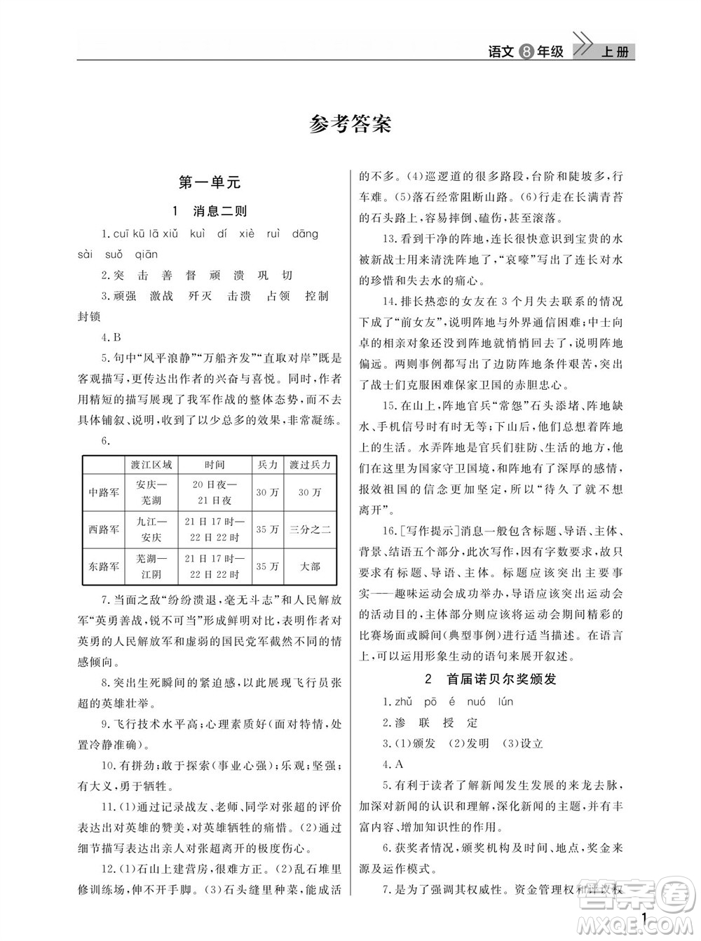 武漢出版社2023年秋智慧學(xué)習(xí)天天向上課堂作業(yè)八年級(jí)語(yǔ)文上冊(cè)人教版參考答案