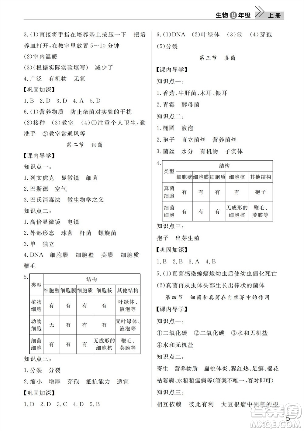 武漢出版社2023年秋智慧學(xué)習(xí)天天向上課堂作業(yè)八年級(jí)生物上冊人教版參考答案
