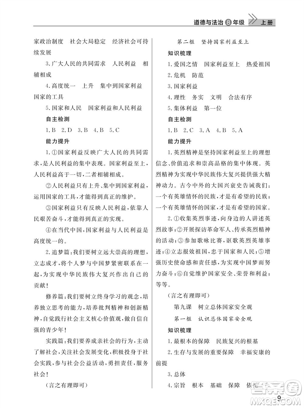 武漢出版社2023年秋智慧學(xué)習(xí)天天向上課堂作業(yè)八年級道德與法治上冊人教版參考答案