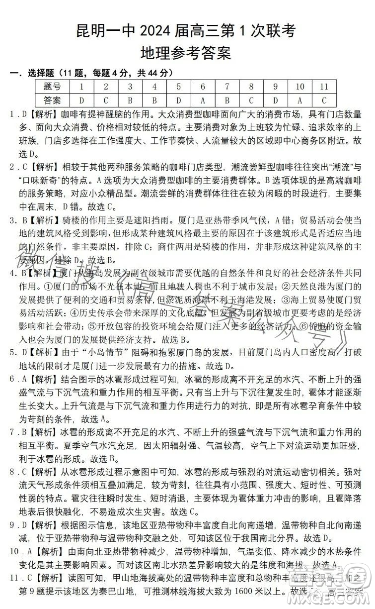 昆明市第一中學(xué)2024屆高中新課標(biāo)高三第一次摸底測(cè)試文科綜合答案