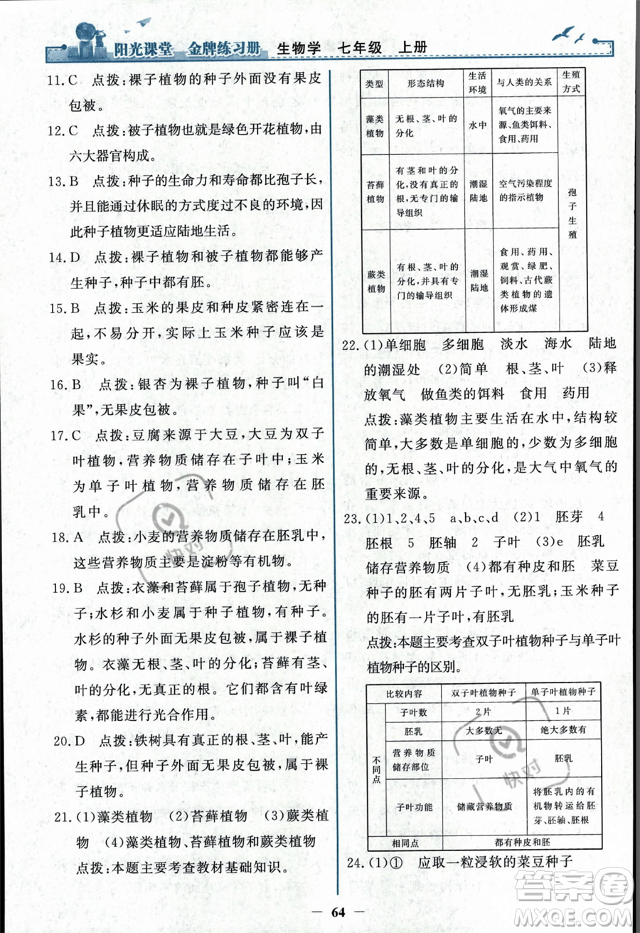人民教育出版社2023年秋陽(yáng)光課堂金牌練習(xí)冊(cè)七年級(jí)上冊(cè)生物人教版答案
