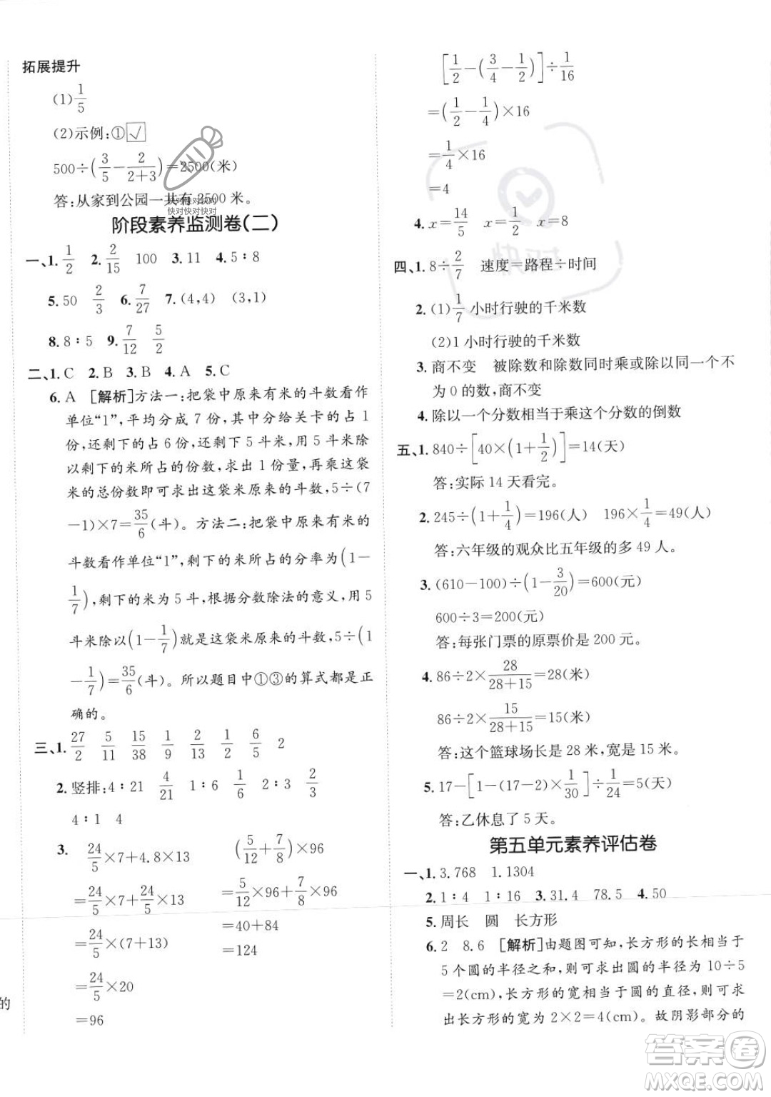 新疆青少年出版社2023年秋海淀單元測(cè)試AB卷六年級(jí)上冊(cè)數(shù)學(xué)人教版答案