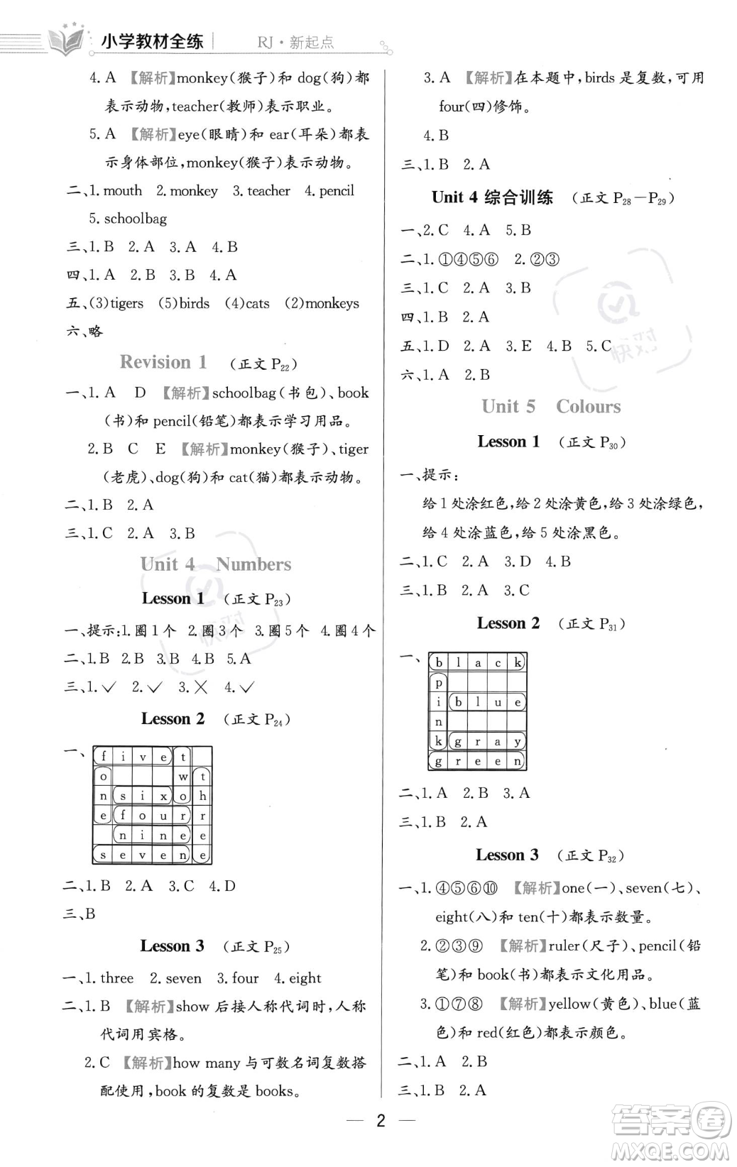 陜西人民教育出版社2023年秋小學(xué)教材全練一年級(jí)上冊(cè)英語(yǔ)人教版答案