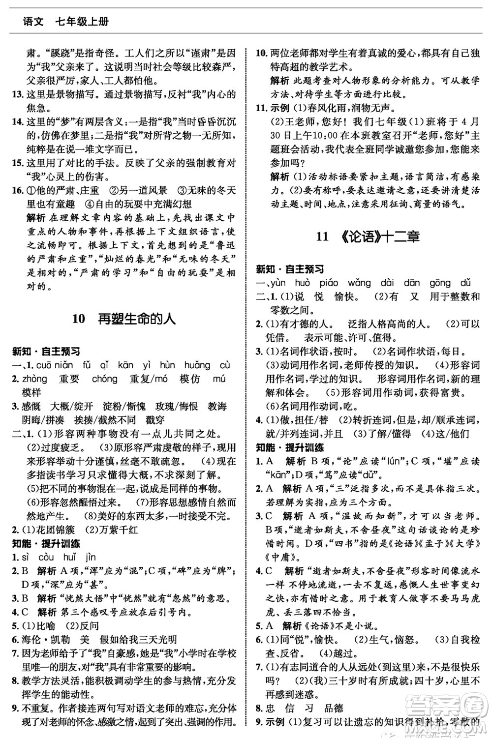 甘肅少年兒童出版社2023年秋配套綜合練習(xí)七年級語文上冊人教版參考答案
