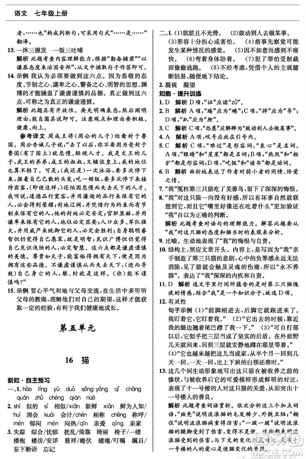 甘肅少年兒童出版社2023年秋配套綜合練習(xí)七年級語文上冊人教版參考答案
