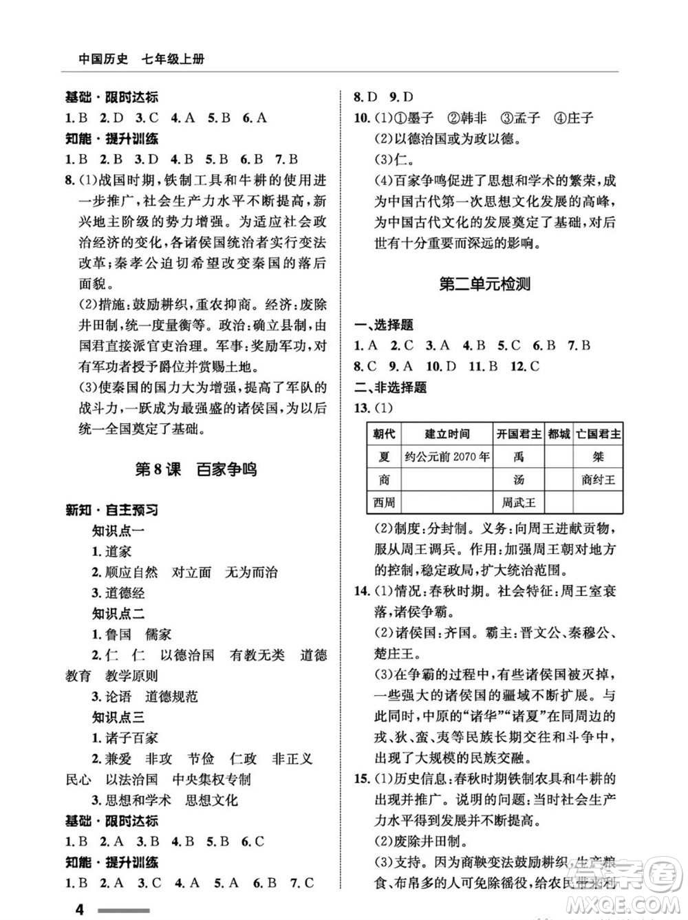 甘肅教育出版社2023年秋配套綜合練習(xí)七年級中國歷史上冊人教版參考答案