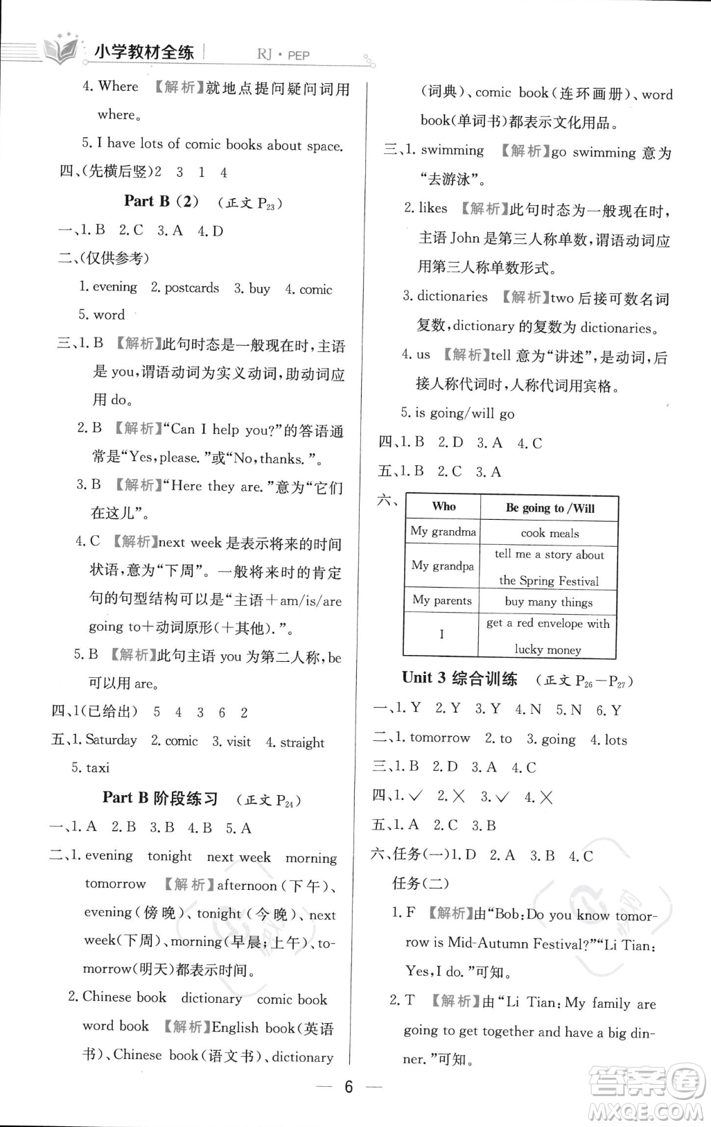 陜西人民教育出版社2023年秋小學(xué)教材全練六年級(jí)上冊(cè)英語人教PEP版答案
