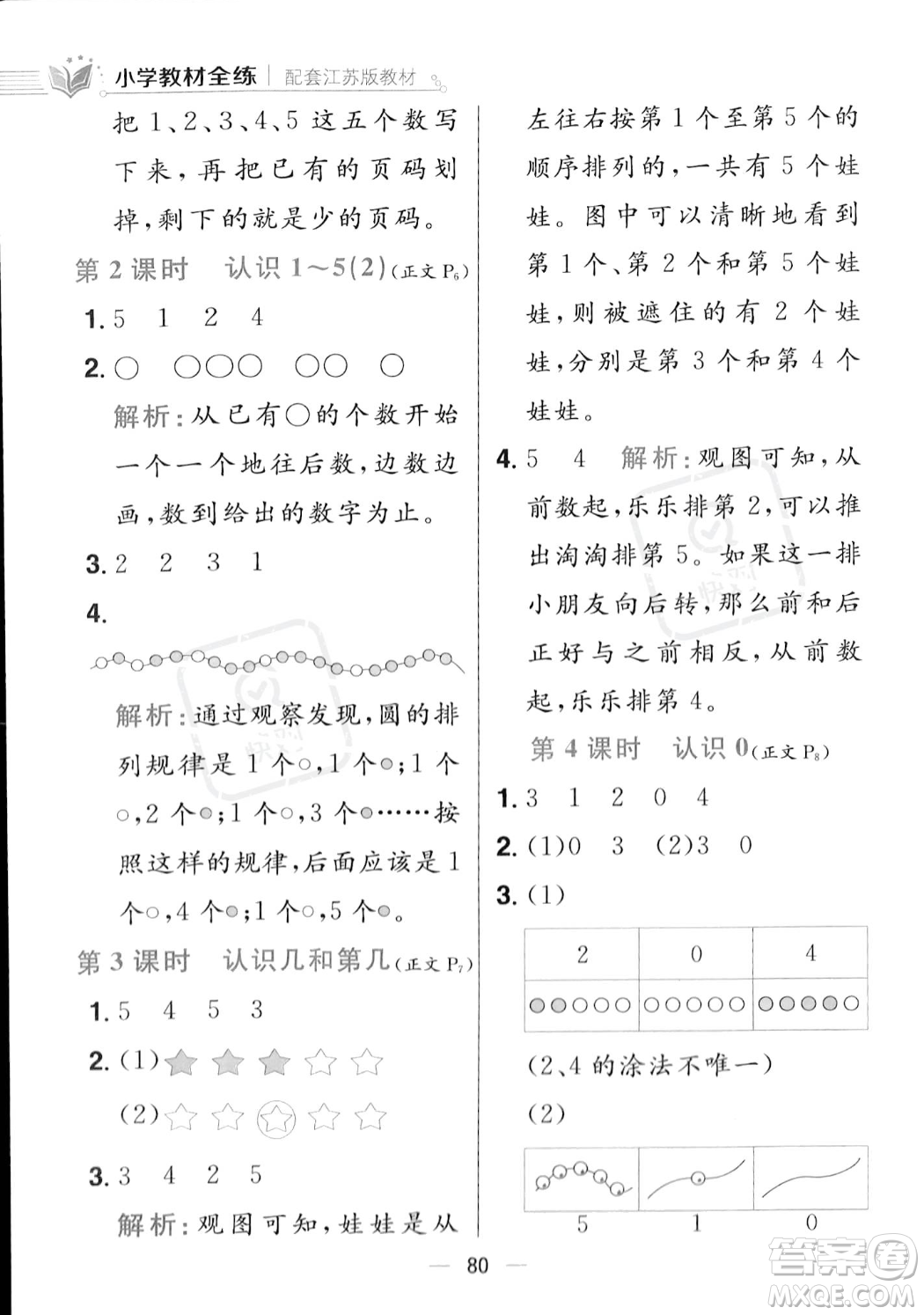 陜西人民教育出版社2023年秋小學(xué)教材全練一年級(jí)上冊(cè)數(shù)學(xué)江蘇版答案