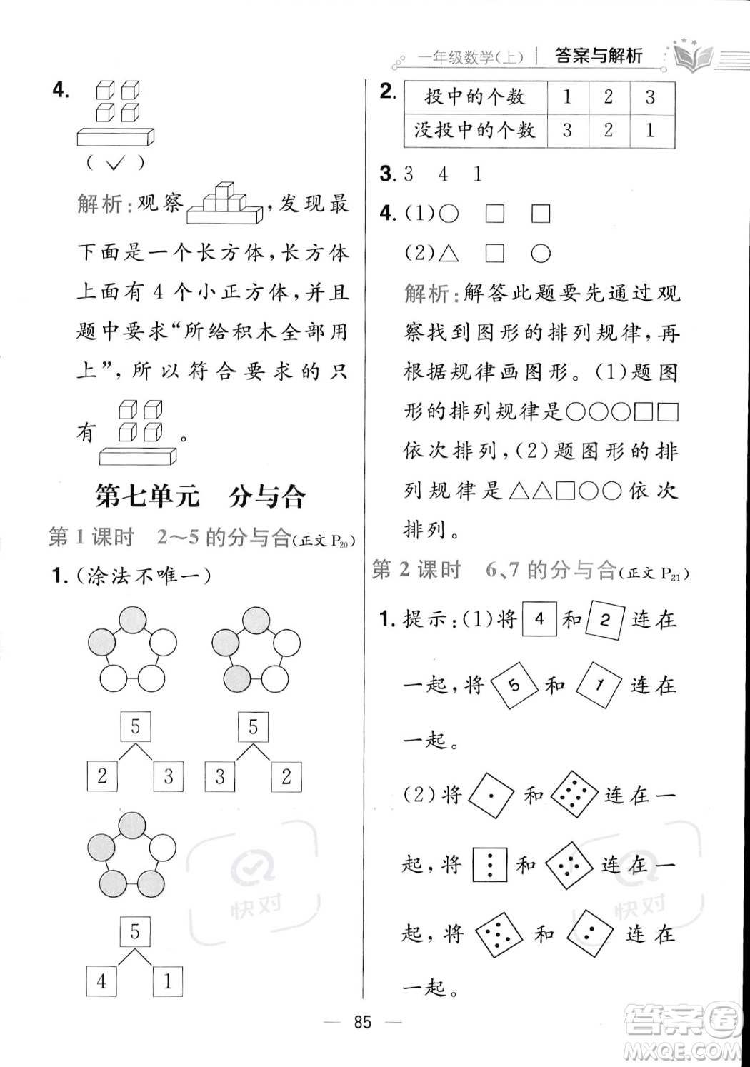 陜西人民教育出版社2023年秋小學(xué)教材全練一年級(jí)上冊(cè)數(shù)學(xué)江蘇版答案