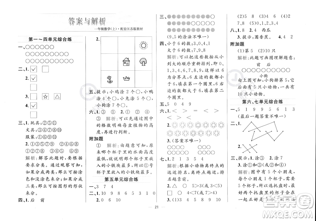 陜西人民教育出版社2023年秋小學(xué)教材全練一年級(jí)上冊(cè)數(shù)學(xué)江蘇版答案