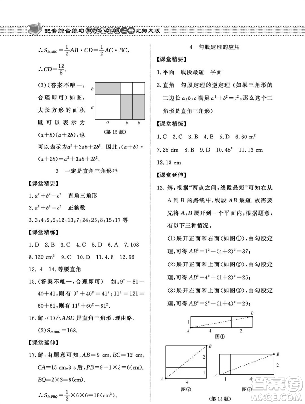 北京師范大學出版社2023年秋配套綜合練習八年級數(shù)學上冊北師大版參考答案