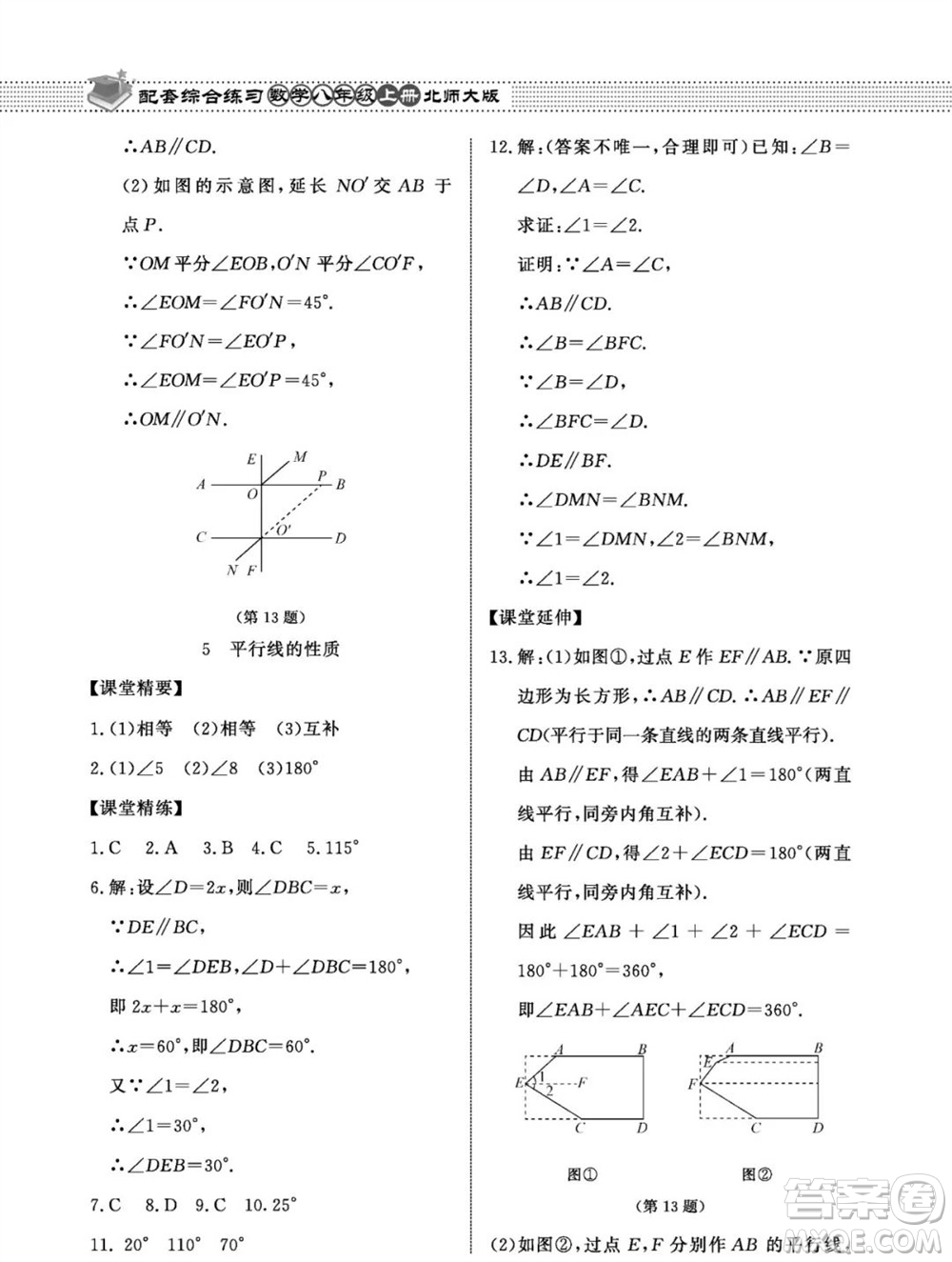 北京師范大學出版社2023年秋配套綜合練習八年級數(shù)學上冊北師大版參考答案