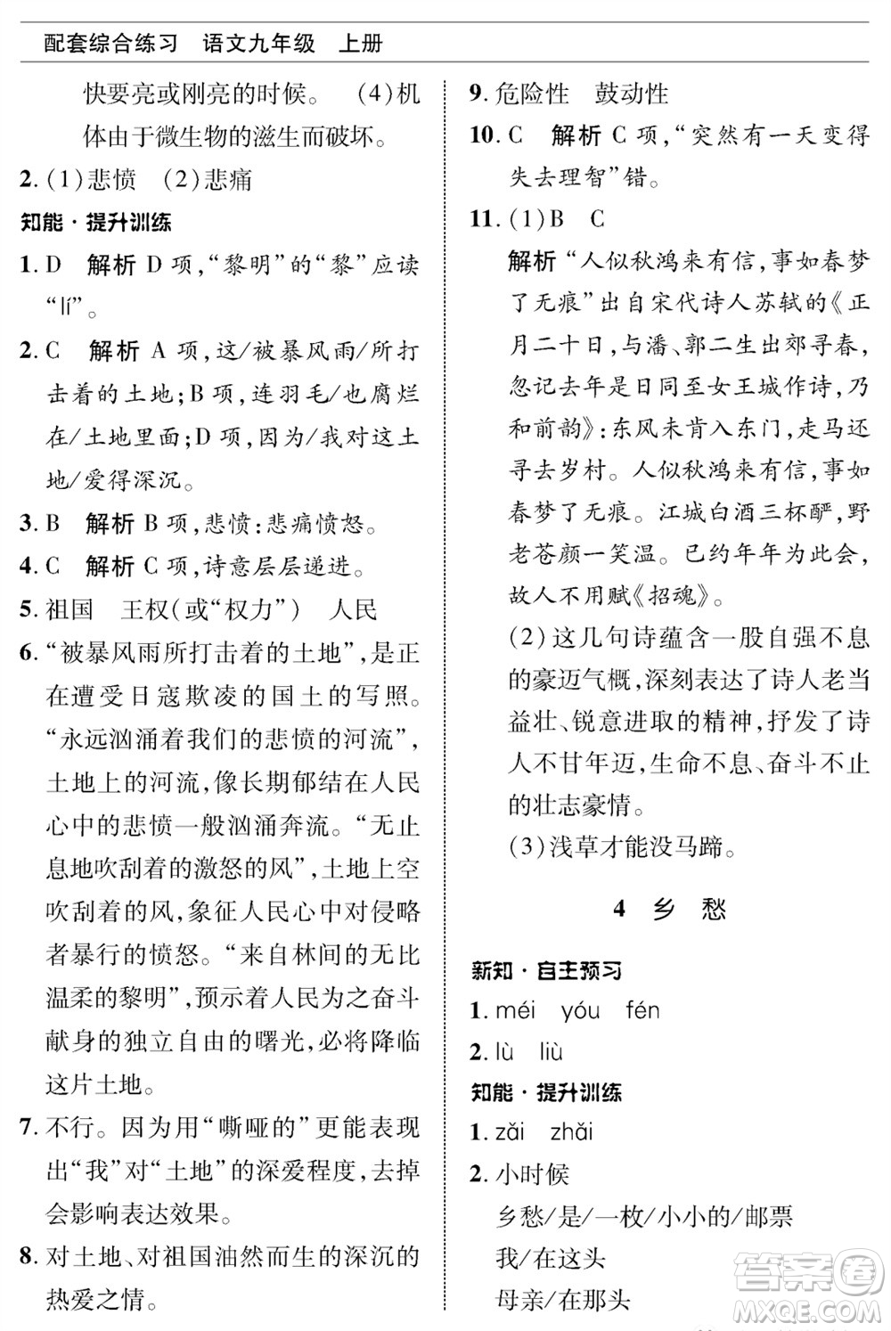 北京師范大學(xué)出版社2023年秋配套綜合練習(xí)九年級語文上冊人教版參考答案