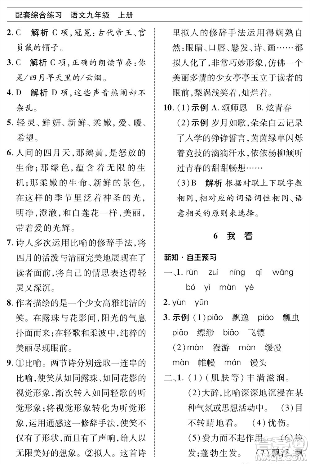 北京師范大學(xué)出版社2023年秋配套綜合練習(xí)九年級語文上冊人教版參考答案