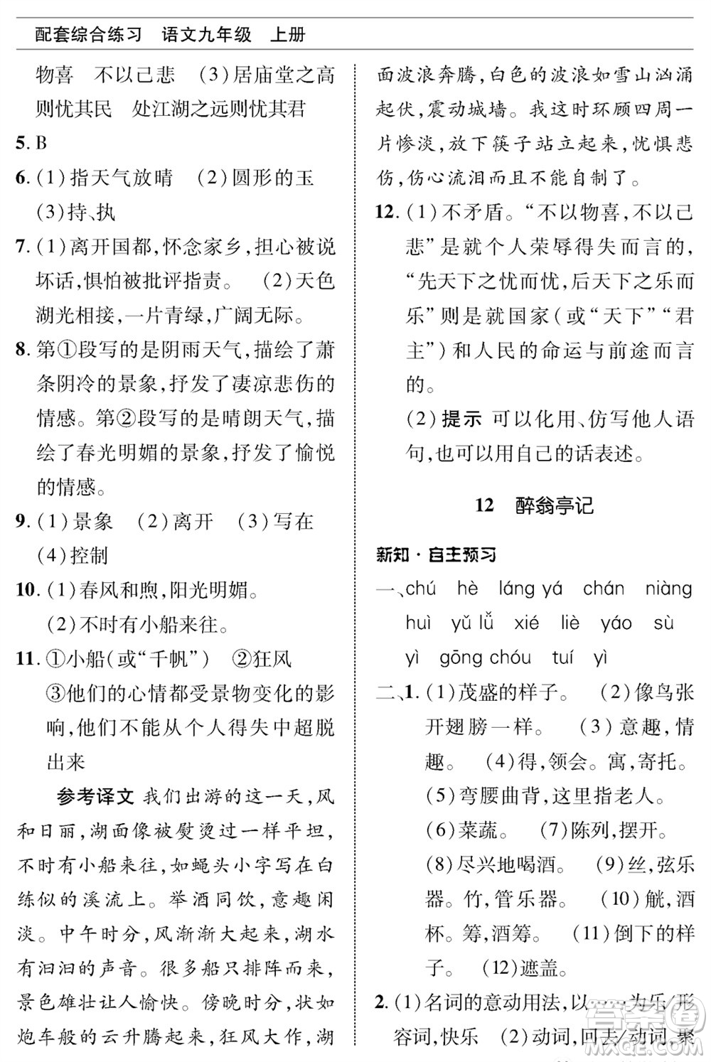 北京師范大學(xué)出版社2023年秋配套綜合練習(xí)九年級語文上冊人教版參考答案