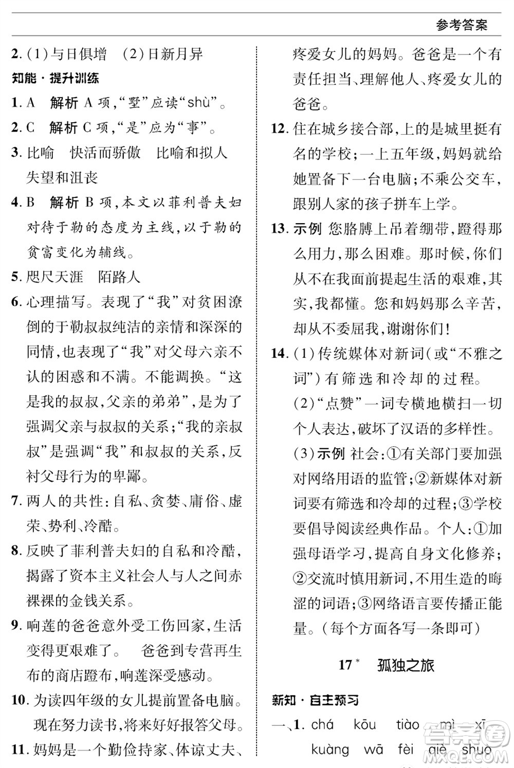 北京師范大學(xué)出版社2023年秋配套綜合練習(xí)九年級語文上冊人教版參考答案