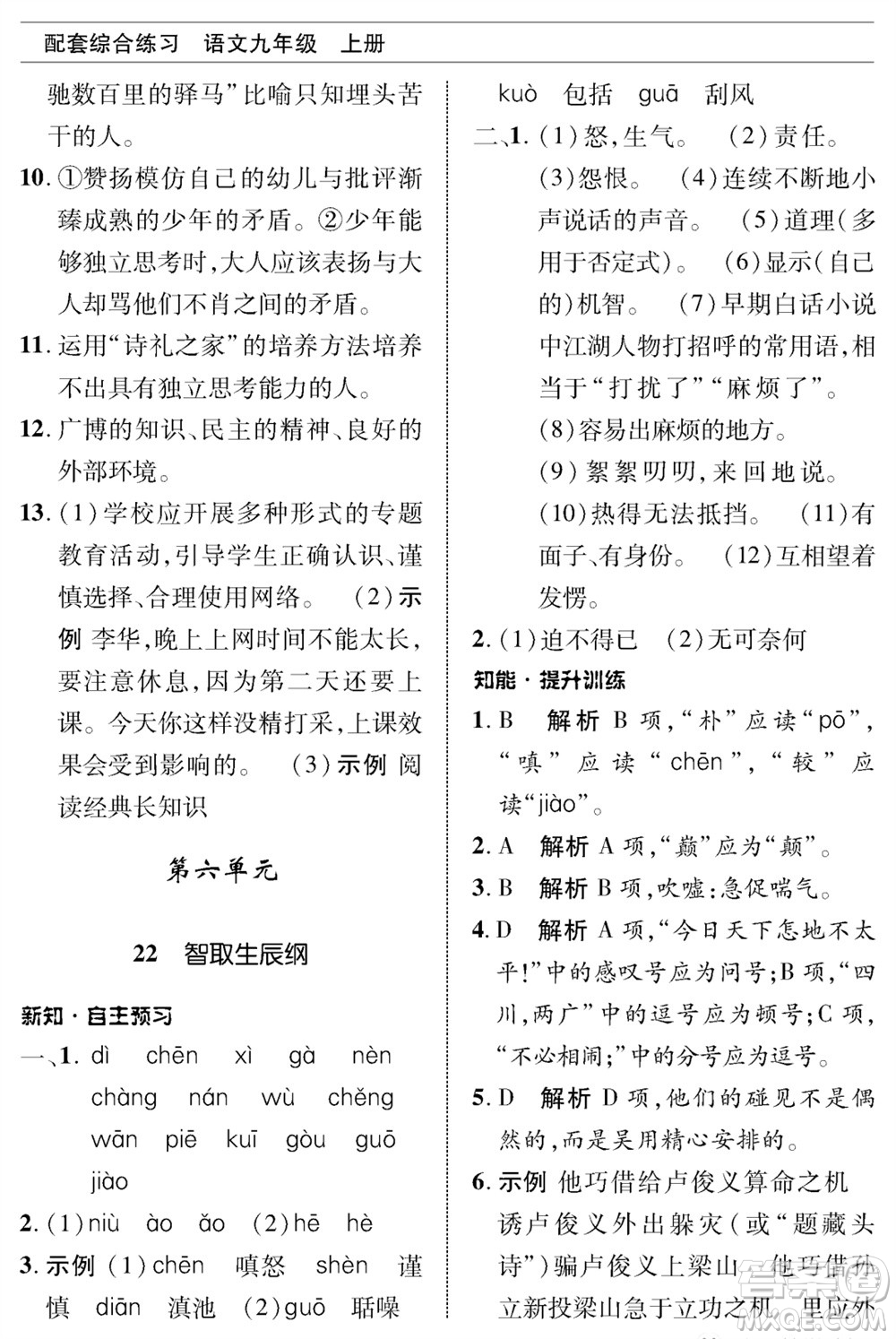 北京師范大學(xué)出版社2023年秋配套綜合練習(xí)九年級語文上冊人教版參考答案