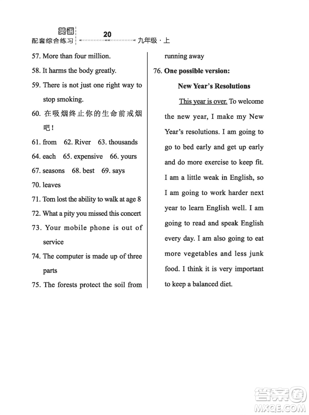 河北教育出版社2023年秋配套綜合練習(xí)九年級(jí)英語上冊(cè)冀教版參考答案
