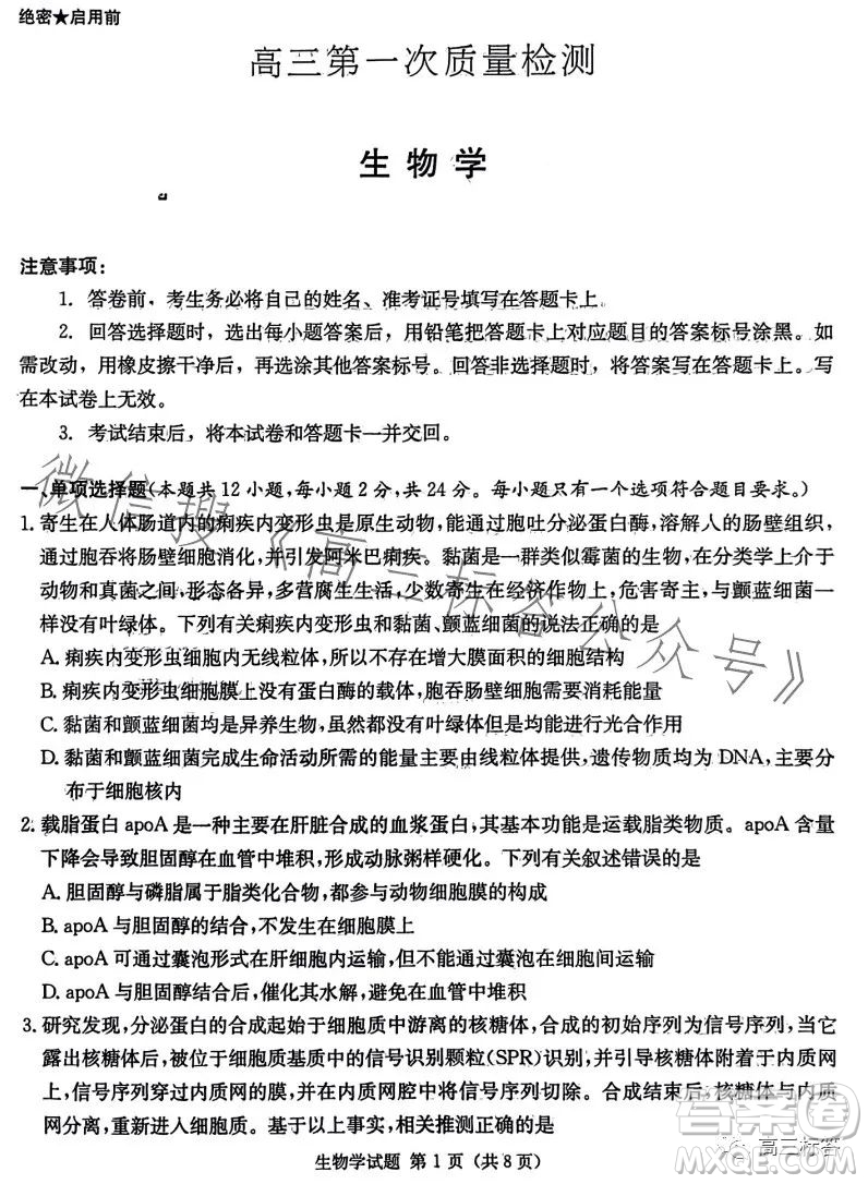 炎德英才大聯(lián)考2024屆高三第一次質量檢測生物學試卷答案