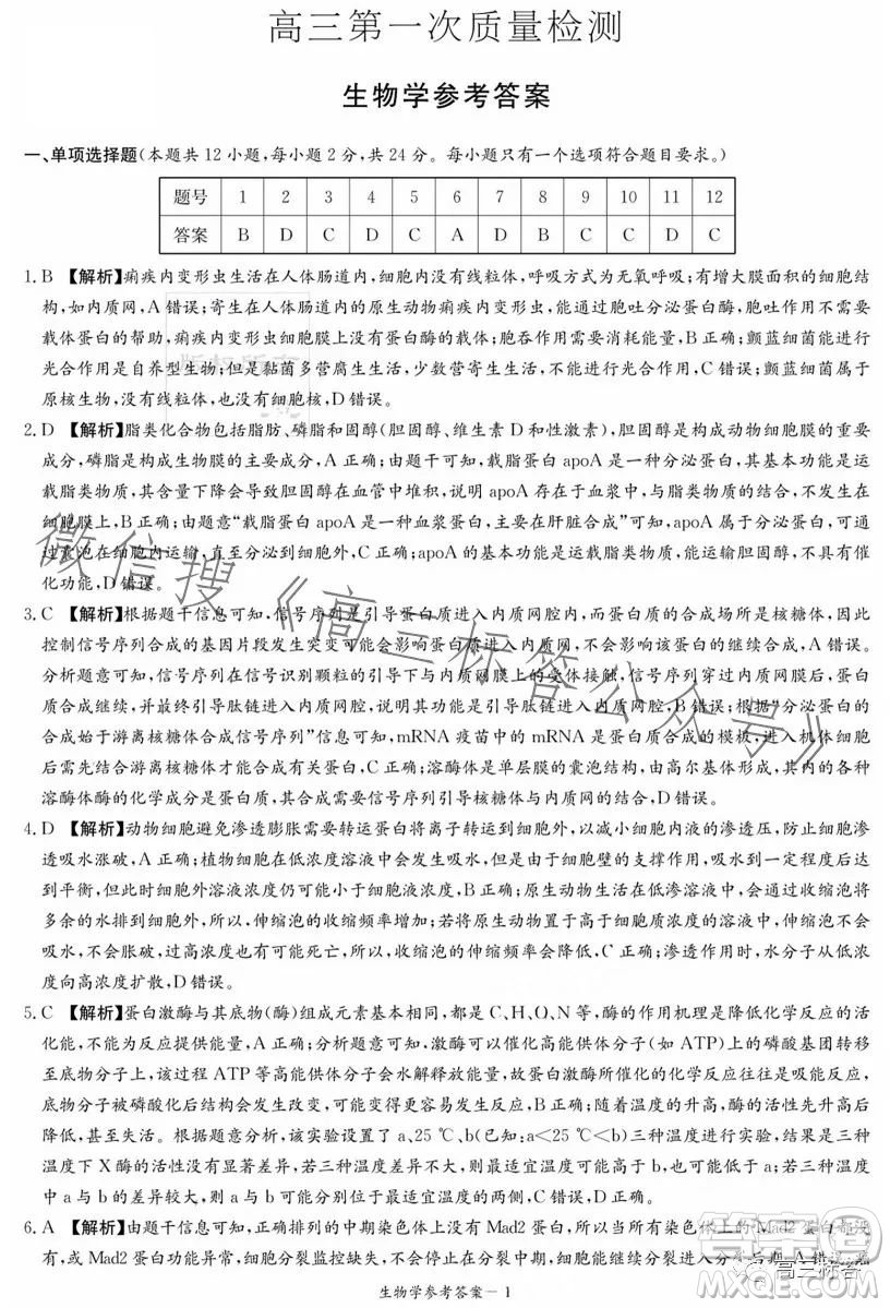 炎德英才大聯(lián)考2024屆高三第一次質量檢測生物學試卷答案