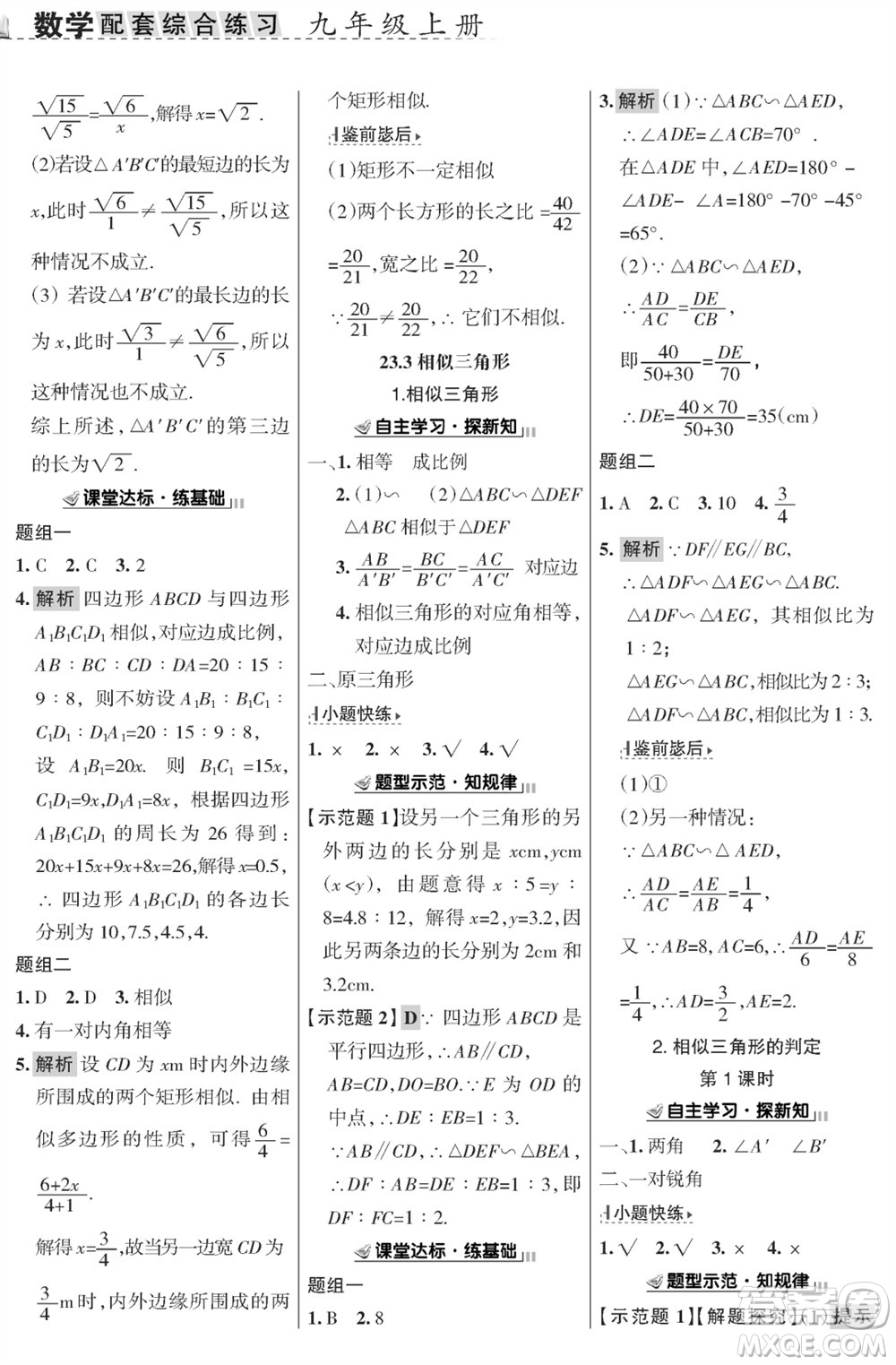 甘肅文化出版社2023年秋配套綜合練習(xí)九年級(jí)數(shù)學(xué)上冊(cè)華師大版參考答案