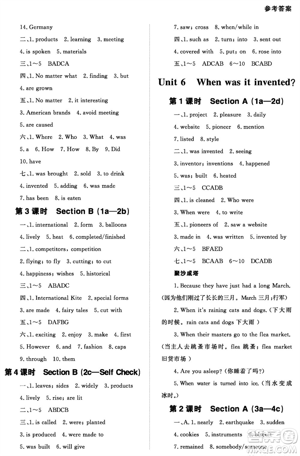 北京師范大學(xué)出版社2023年配套綜合練習(xí)九年級英語全冊人教版參考答案
