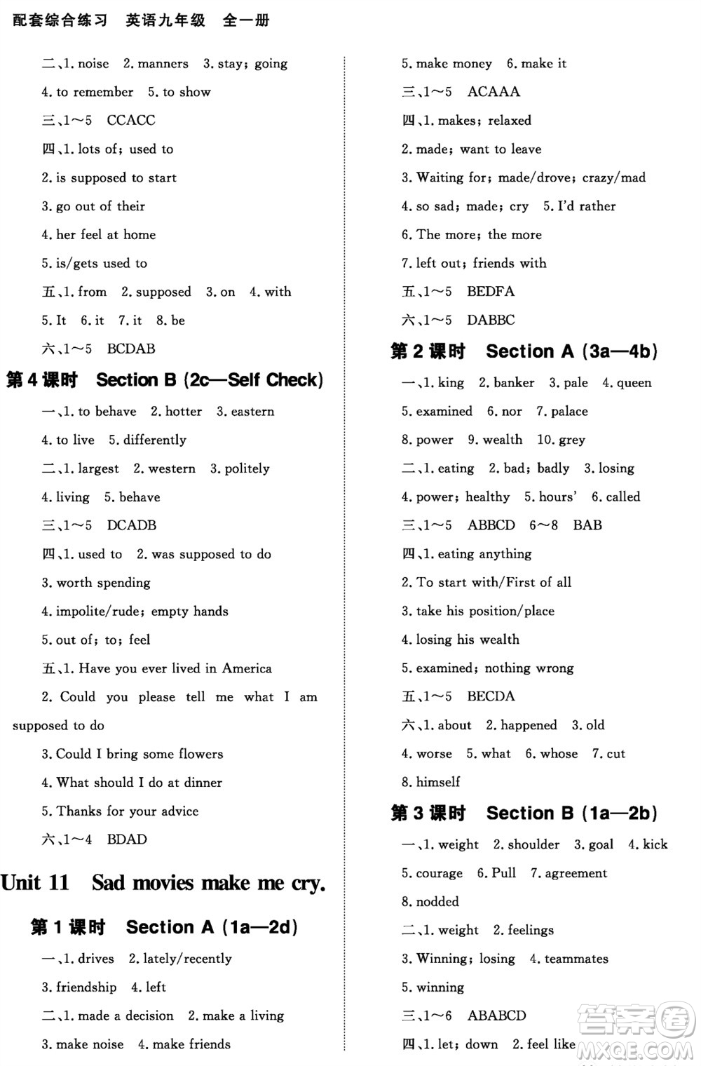 北京師范大學(xué)出版社2023年配套綜合練習(xí)九年級英語全冊人教版參考答案