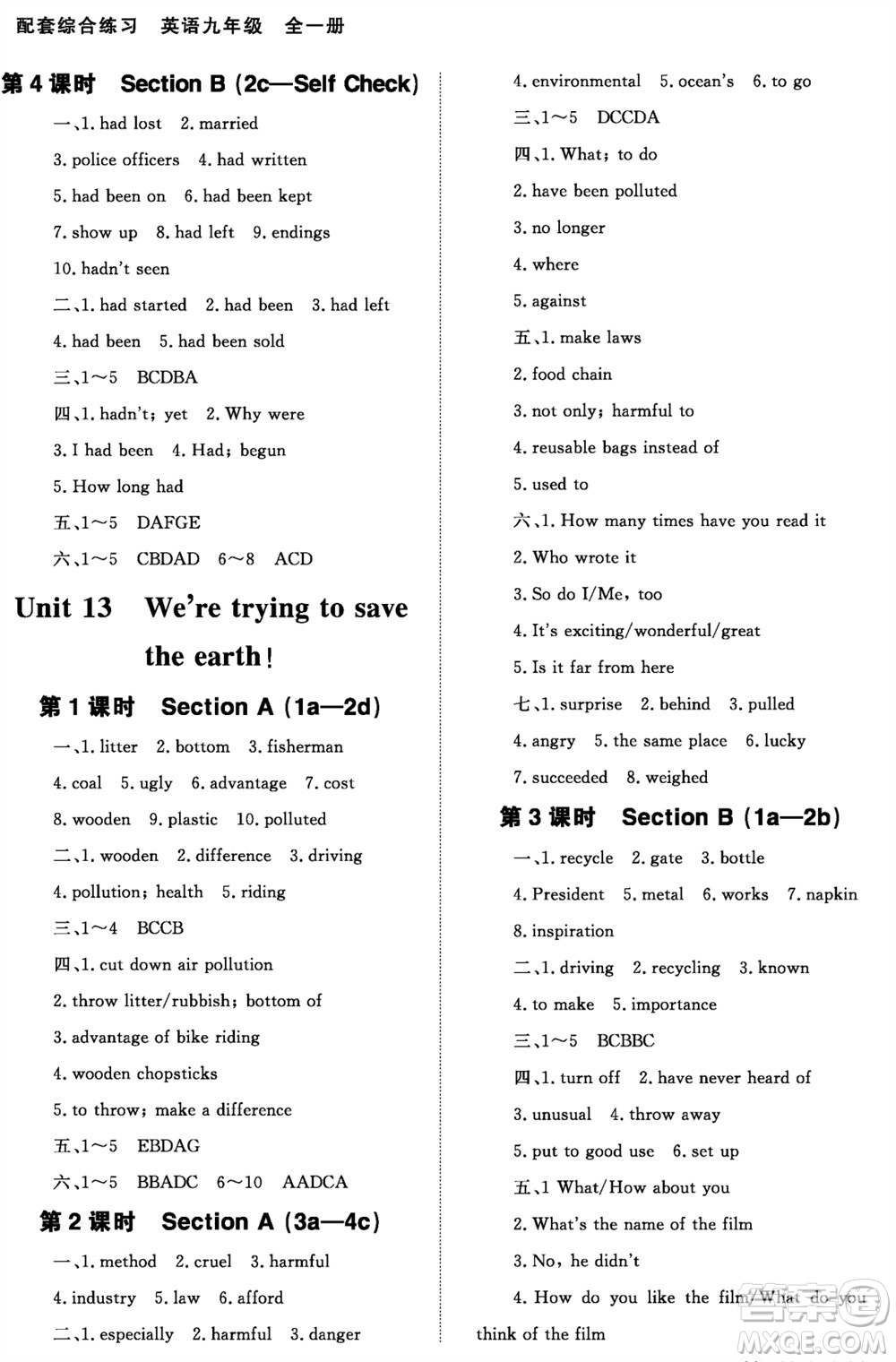 北京師范大學(xué)出版社2023年配套綜合練習(xí)九年級英語全冊人教版參考答案