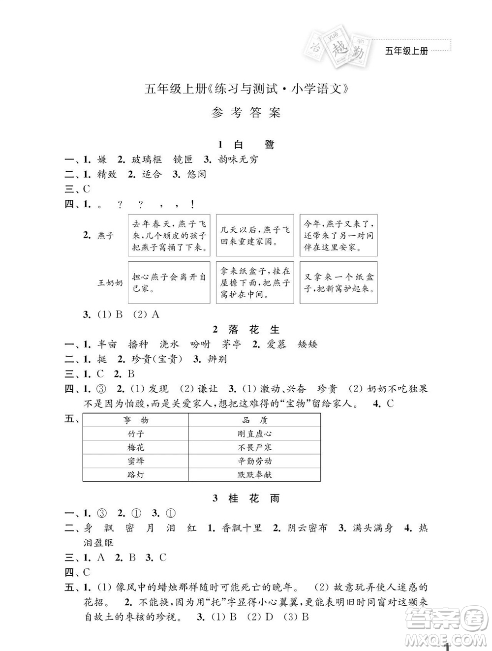 江蘇鳳凰教育出版社2023年秋小學(xué)語(yǔ)文練習(xí)與測(cè)試五年級(jí)上冊(cè)人教版參考答案