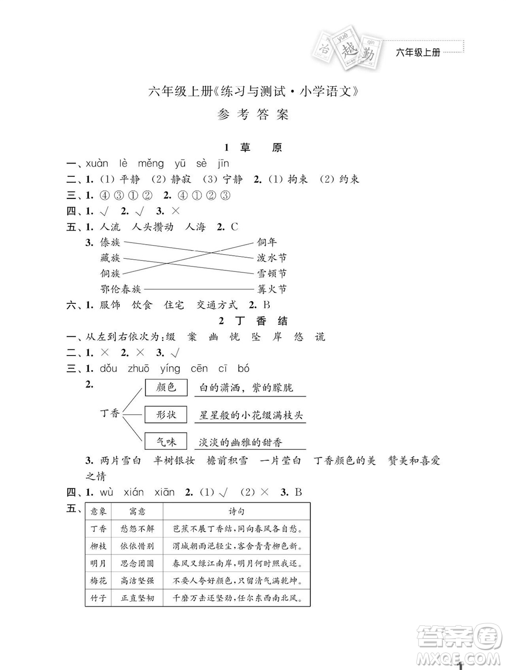江蘇鳳凰教育出版社2023年秋小學(xué)語文練習(xí)與測試六年級上冊人教版參考答案