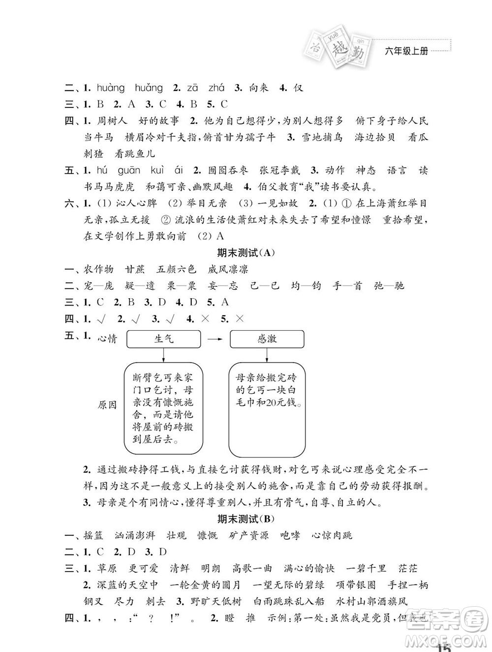 江蘇鳳凰教育出版社2023年秋小學(xué)語文練習(xí)與測試六年級上冊人教版參考答案