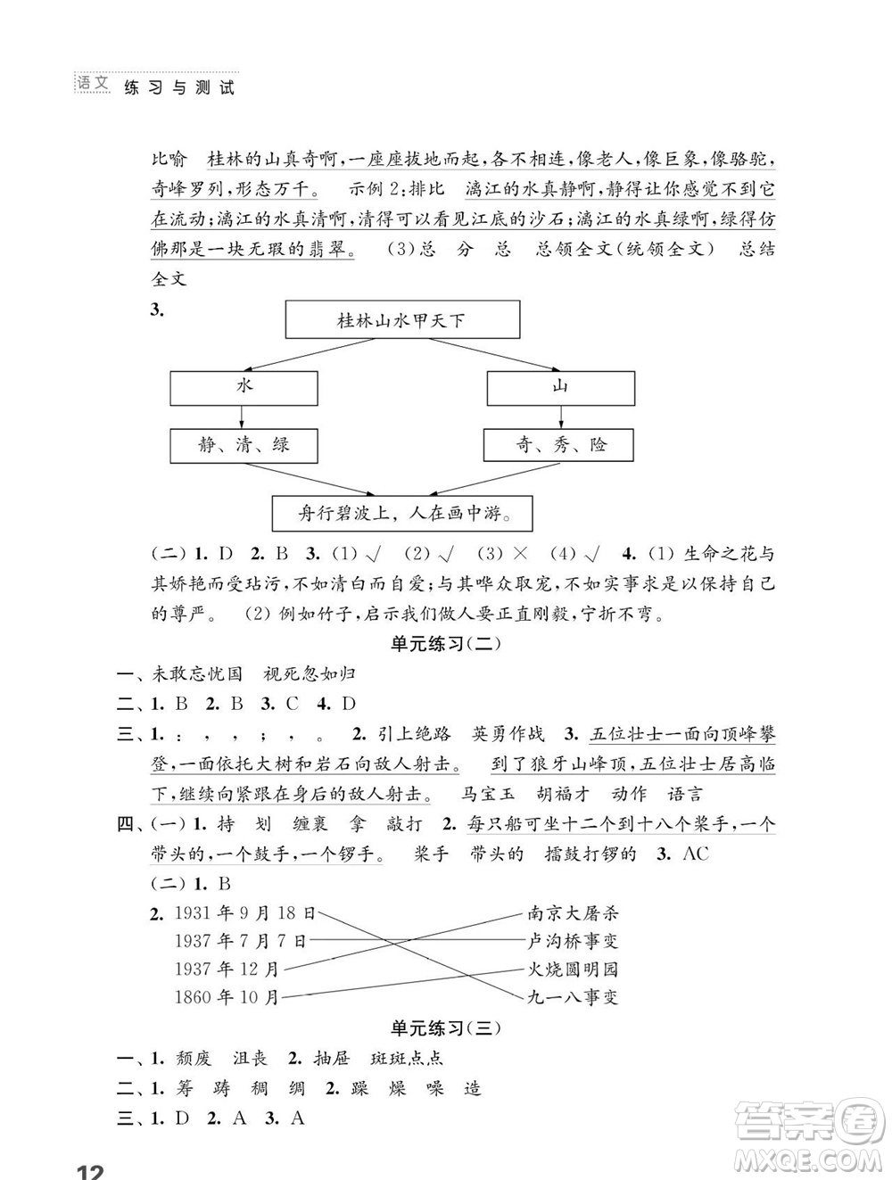 江蘇鳳凰教育出版社2023年秋小學(xué)語文練習(xí)與測試六年級上冊人教版參考答案