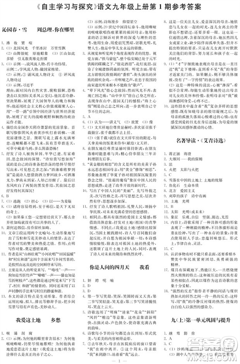 2023年秋時代學習報自主學習與探究九年級語文上冊第1期參考答案