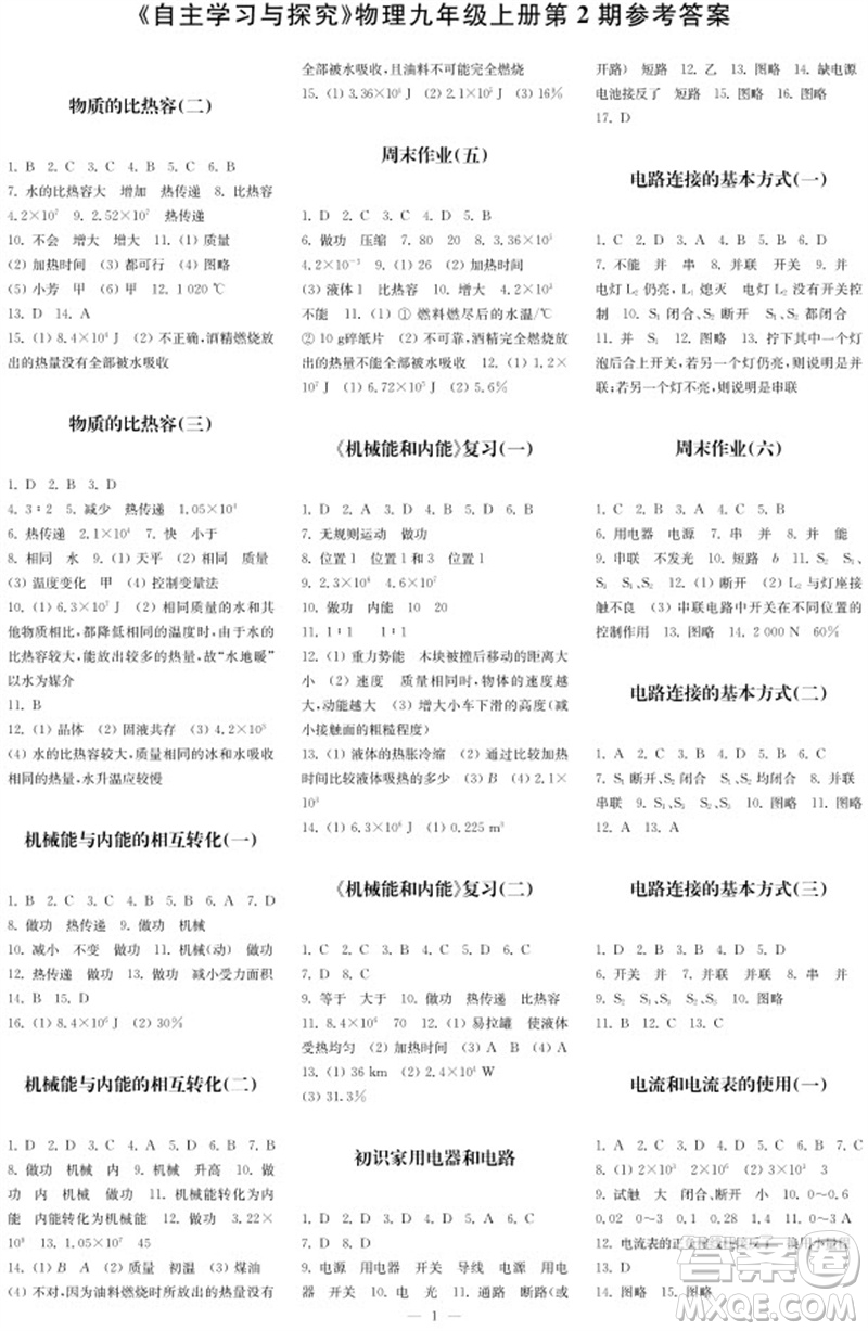2023年秋時代學習報自主學習與探究九年級物理上冊第2期參考答案