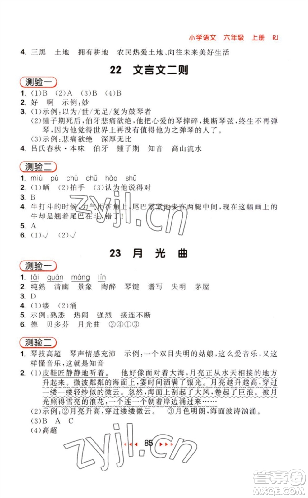 教育科學出版社2023年秋季53隨堂測六年級語文上冊人教版參考答案