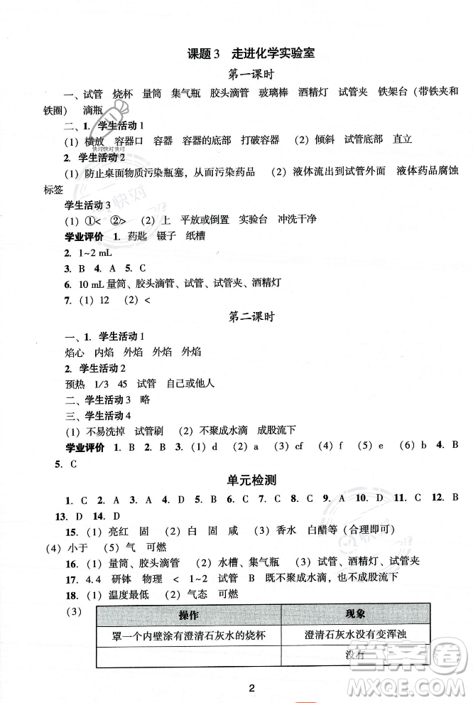廣州出版社2023年秋陽光學(xué)業(yè)評價(jià)九年級化學(xué)上冊人教版答案