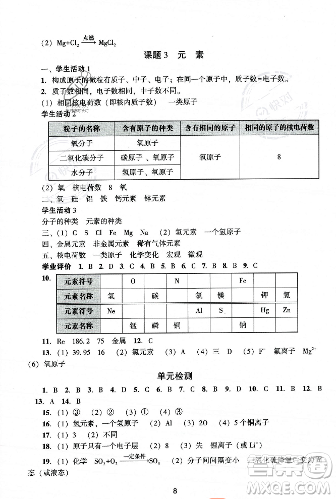 廣州出版社2023年秋陽光學(xué)業(yè)評價(jià)九年級化學(xué)上冊人教版答案