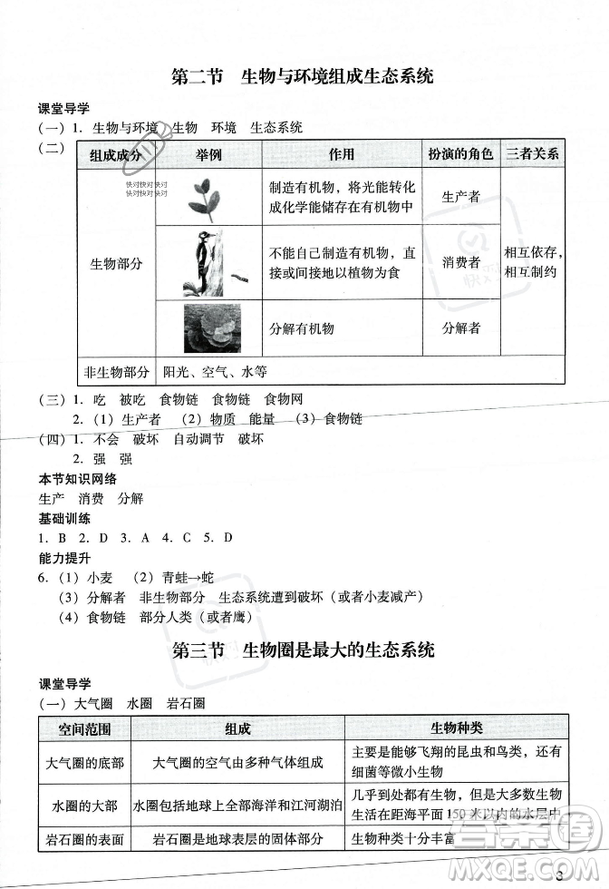 廣州出版社2023年秋陽光學(xué)業(yè)評價七年級生物上冊人教版答案