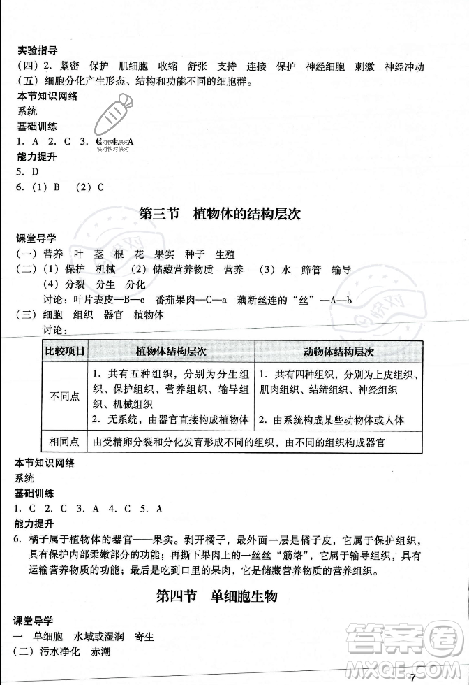 廣州出版社2023年秋陽光學(xué)業(yè)評價七年級生物上冊人教版答案