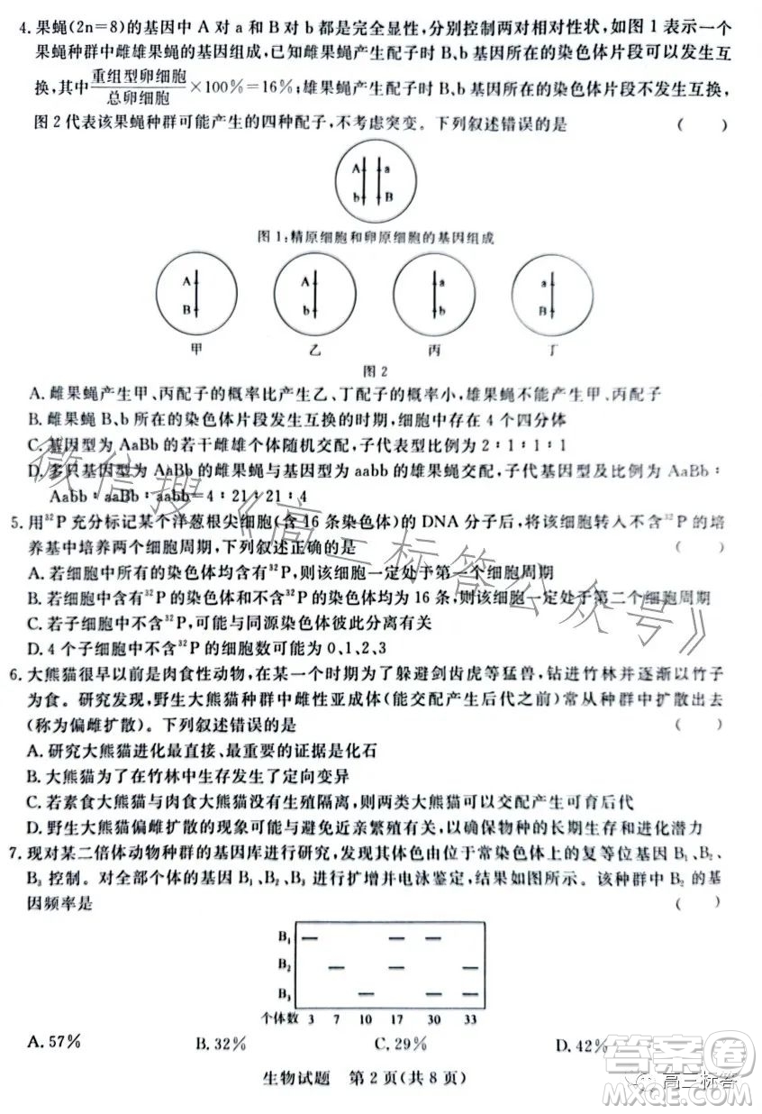2024屆普通高等學校招生全國統(tǒng)一考試青桐鳴大聯(lián)考9月高三生物試卷答案