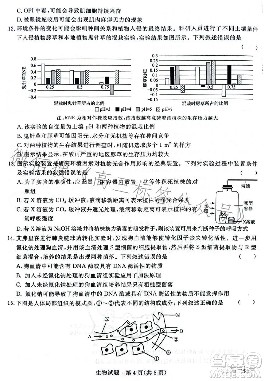 2024屆普通高等學校招生全國統(tǒng)一考試青桐鳴大聯(lián)考9月高三生物試卷答案