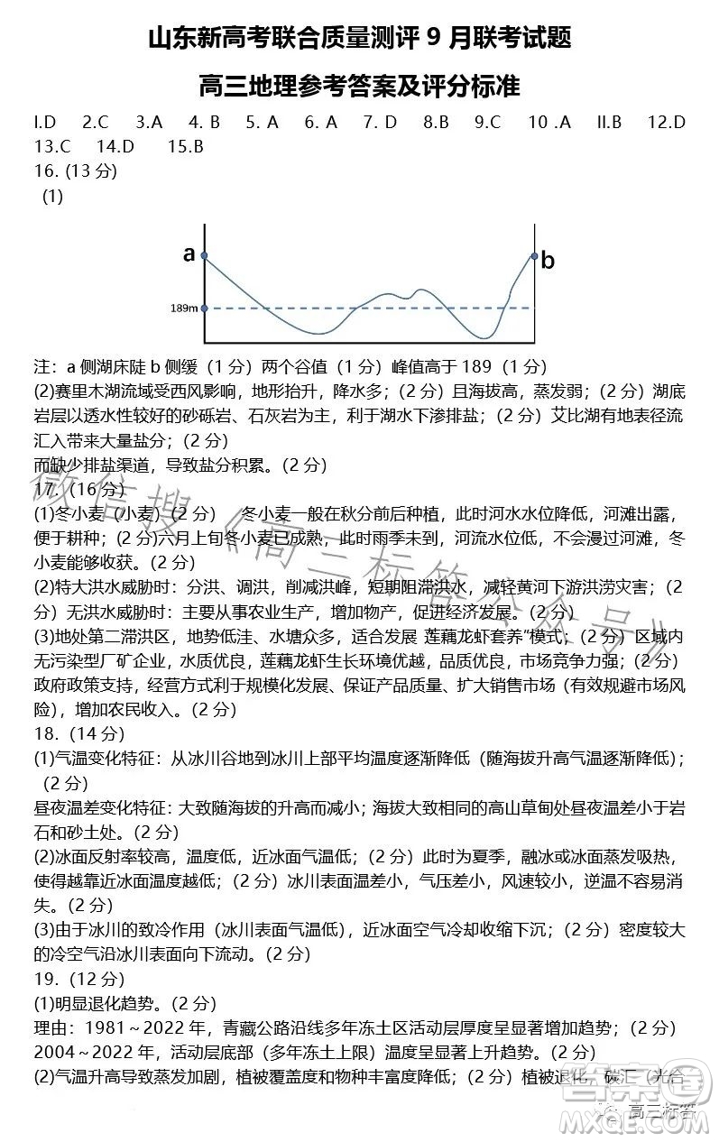 2024山東新高考聯(lián)合質(zhì)量測評9月聯(lián)考高三地理試題答案