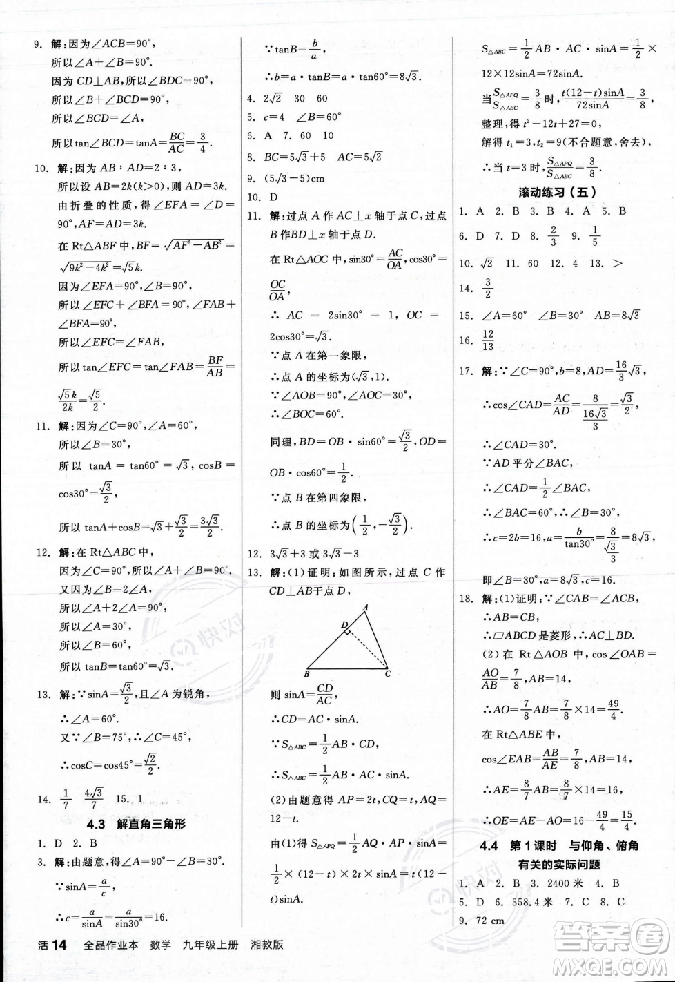 陽光出版社2023年秋季全品作業(yè)本九年級數(shù)學上冊湘教版答案