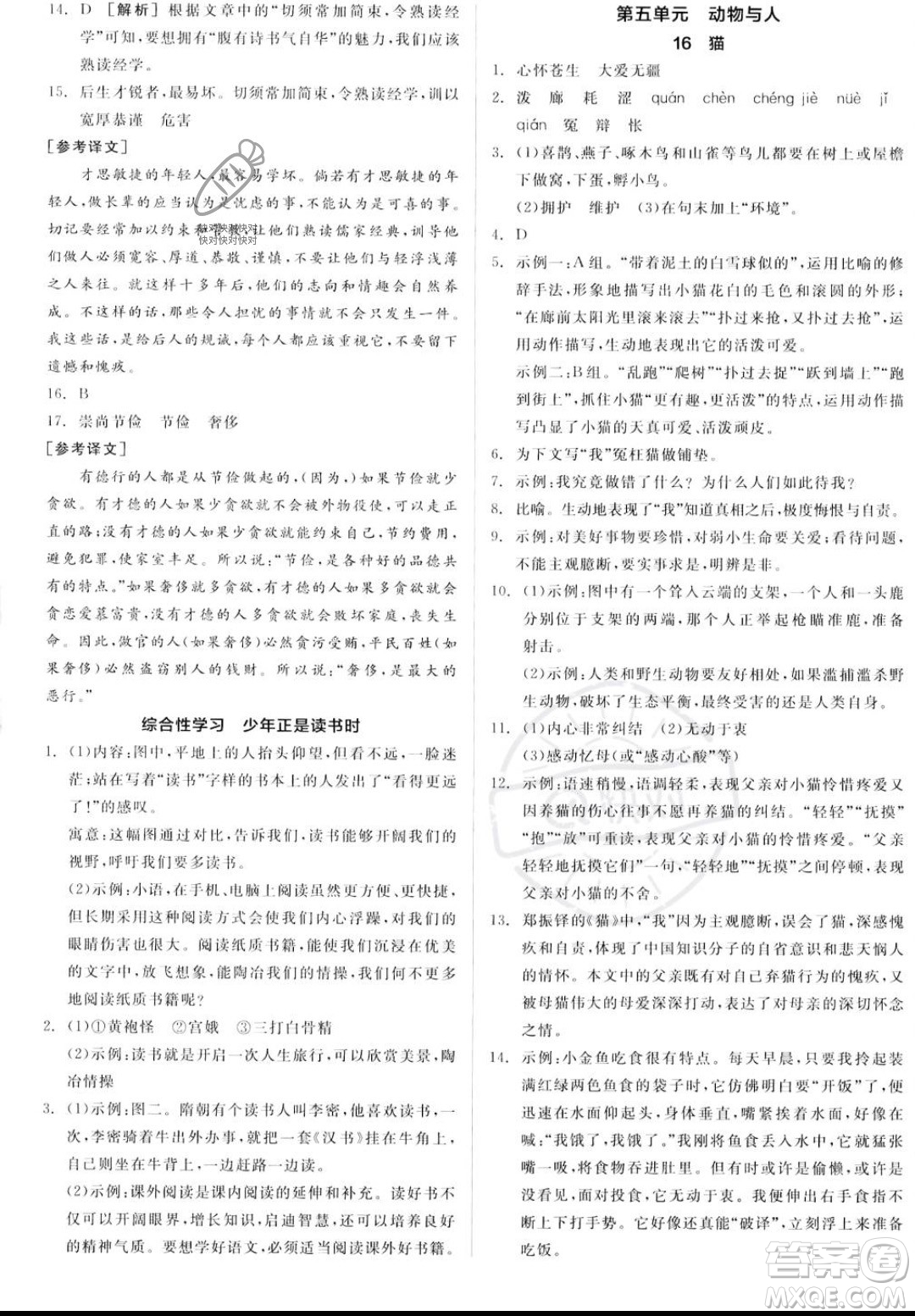 沈陽出版社2023年秋季全品作業(yè)本七年級語文上冊通用版山西專版答案