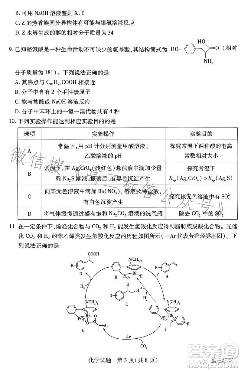2023-2024學(xué)年高中畢業(yè)班階段性測(cè)試一化學(xué)試卷答案